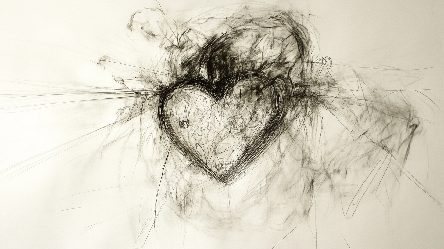 Messy sketch of figure opening heart to dreams.