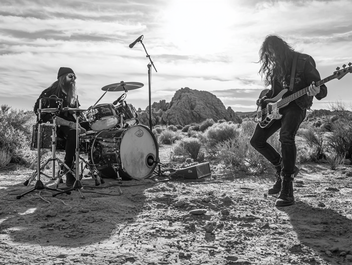 Metal band musicians in desert for black and white photo 