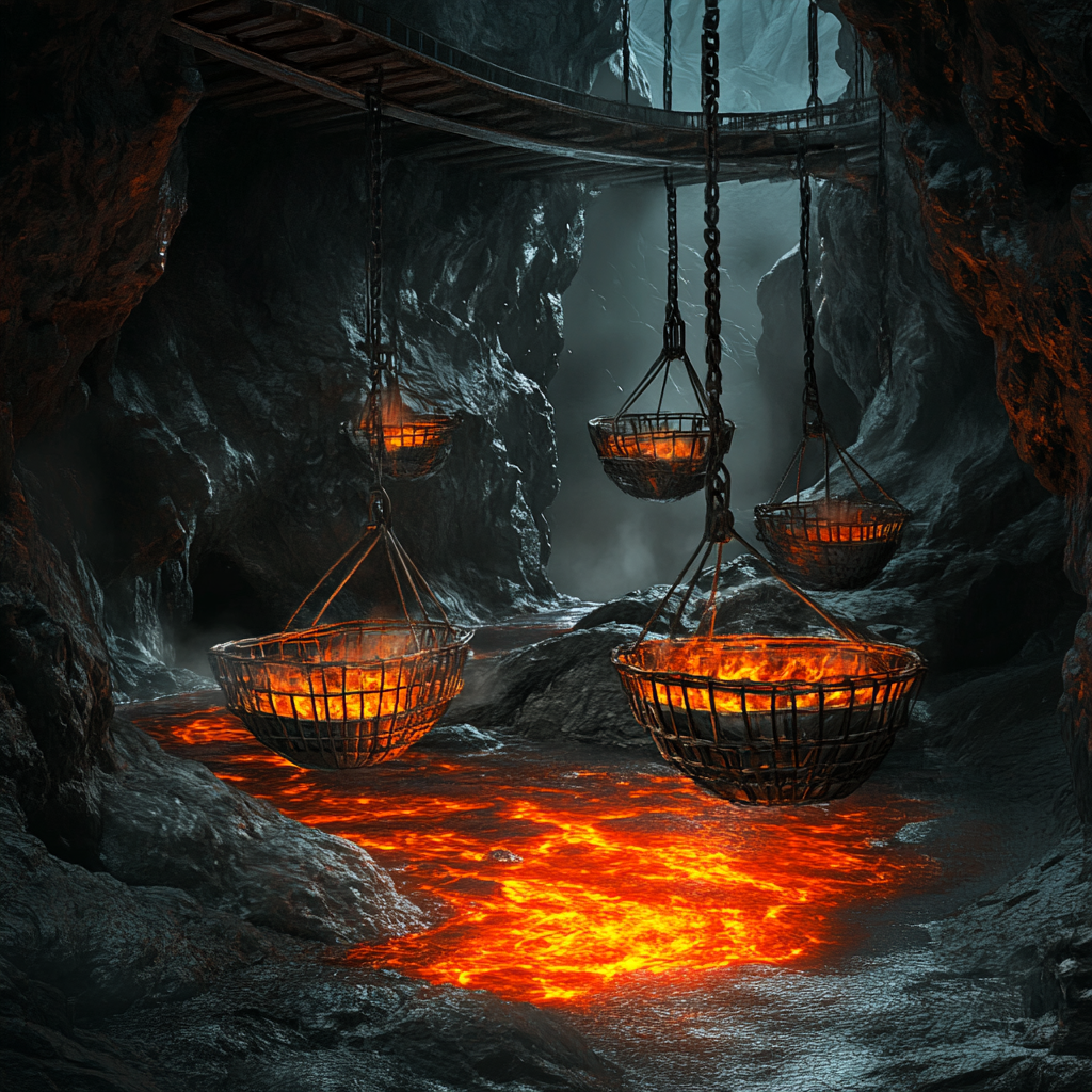 Metal baskets suspended over lava in fantasy mine dungeon.