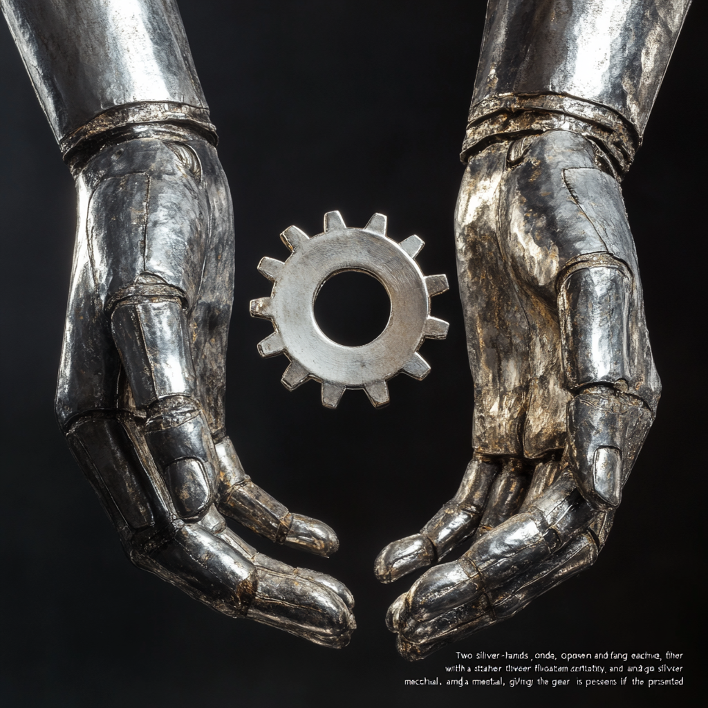 Metal hands holding silver gear, mechanical and artistic.