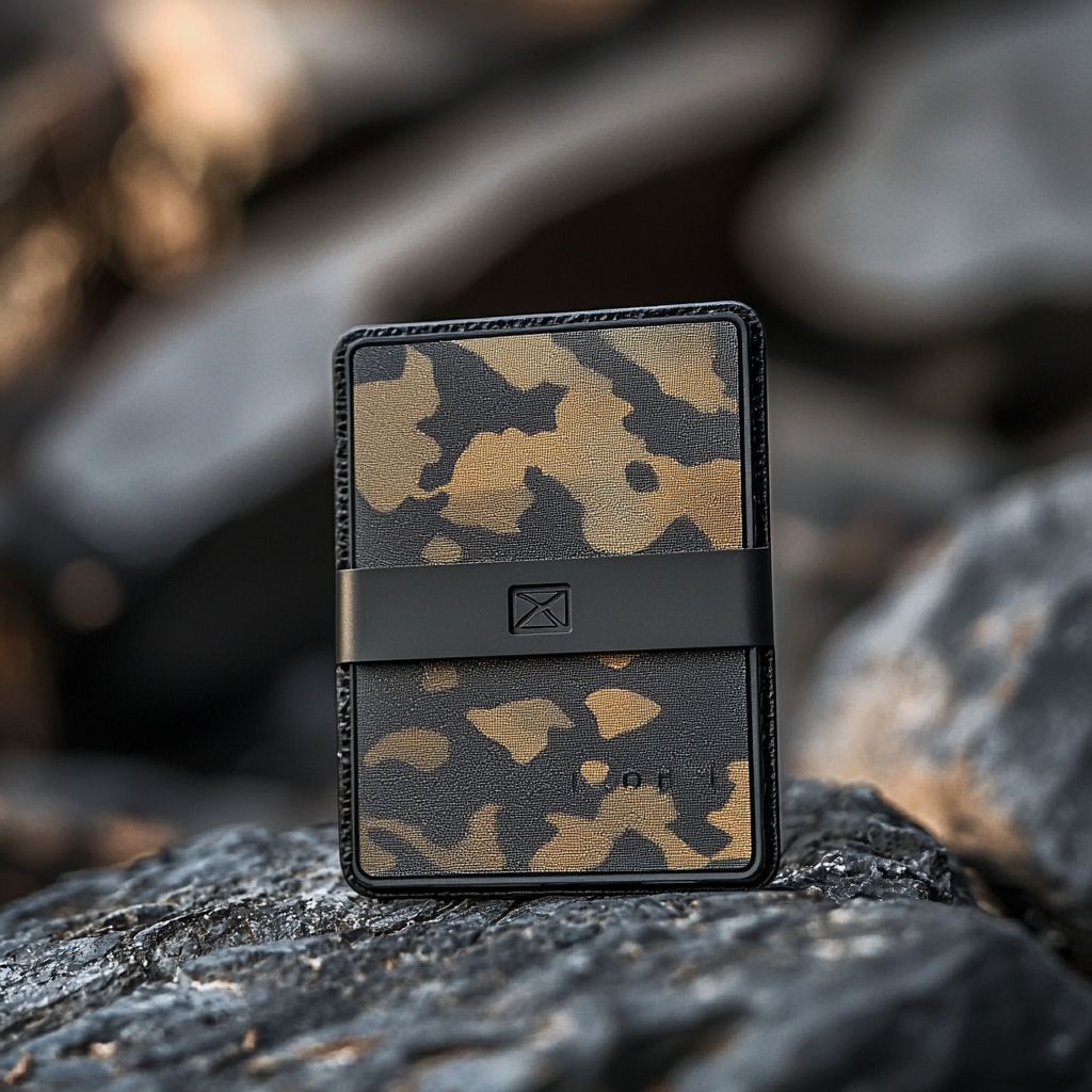 Metallic card holder with urban camo design, masculine and modern.