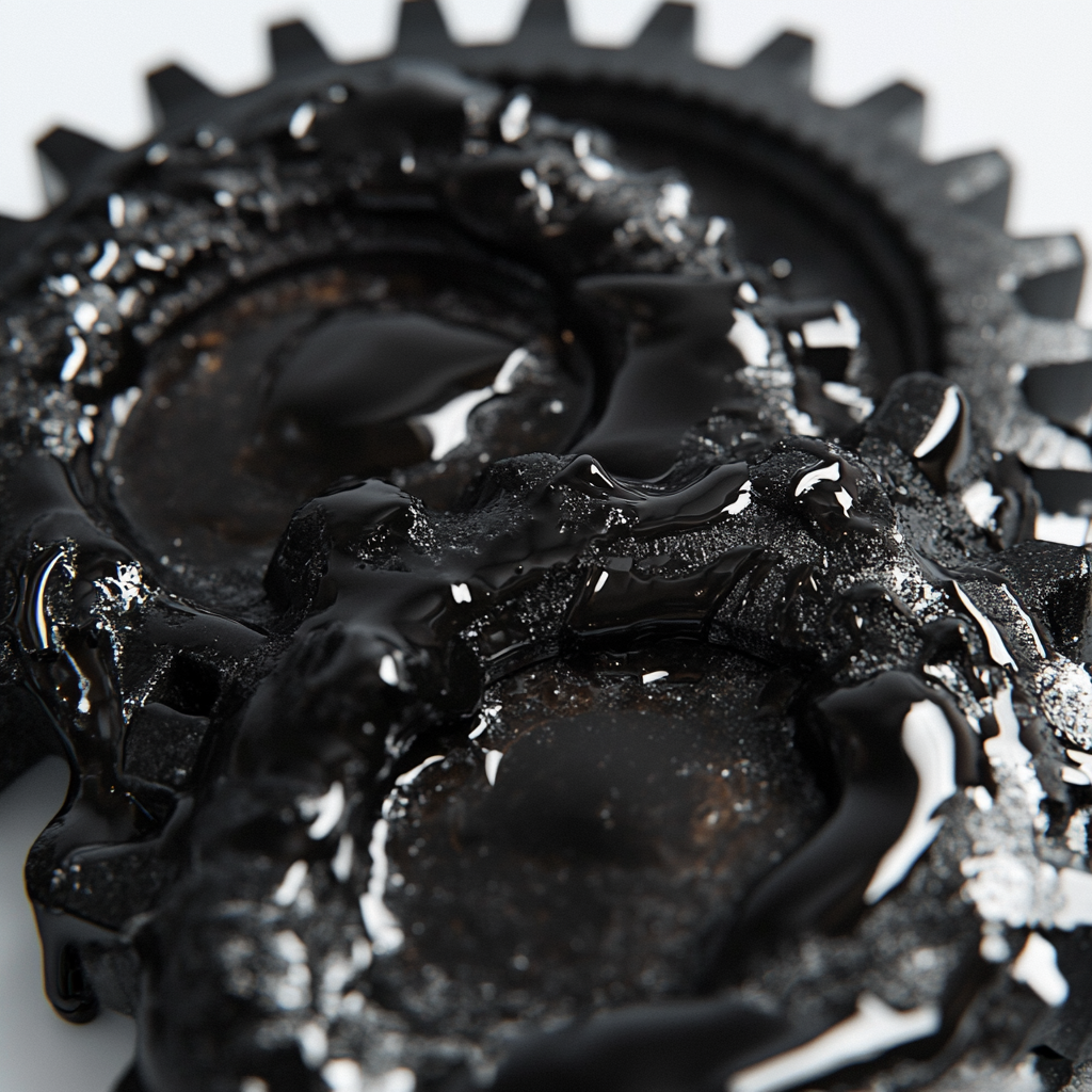 Metallic gears covered in glossy grease on white background.