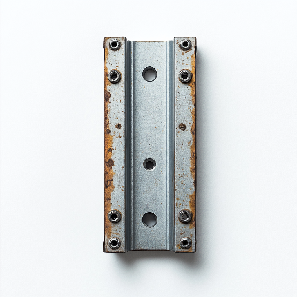 Metallic rectangle DIN rail with mounting slots viewed above.