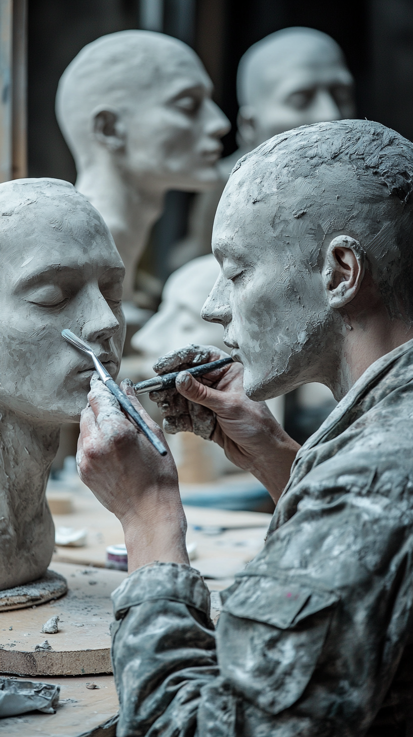 Meticulous soldiers create hyper-realistic dummy heads for use in trenches.