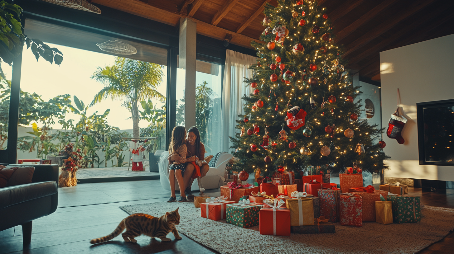 Mexican Christmas Celebration with Happy Family and Pets