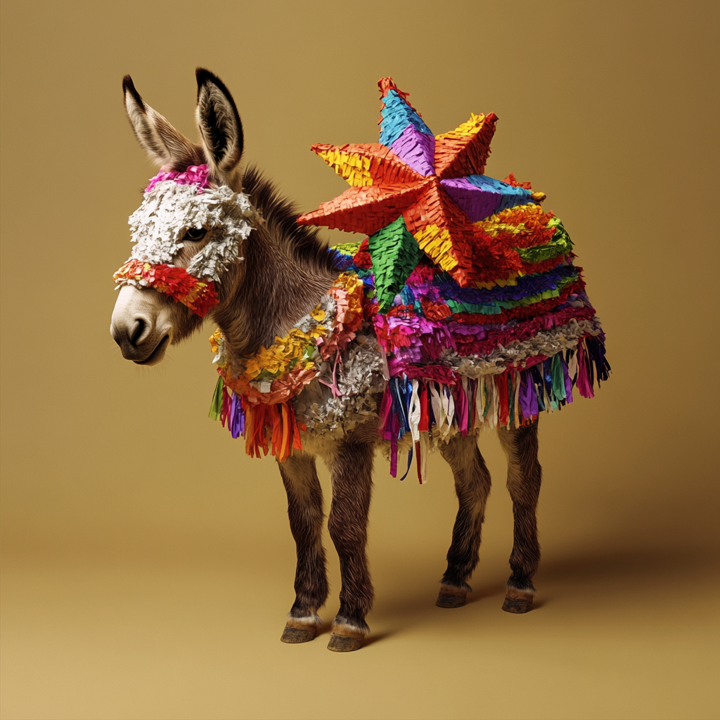 Mexican Donkey Carries Colorful Piñata on Back