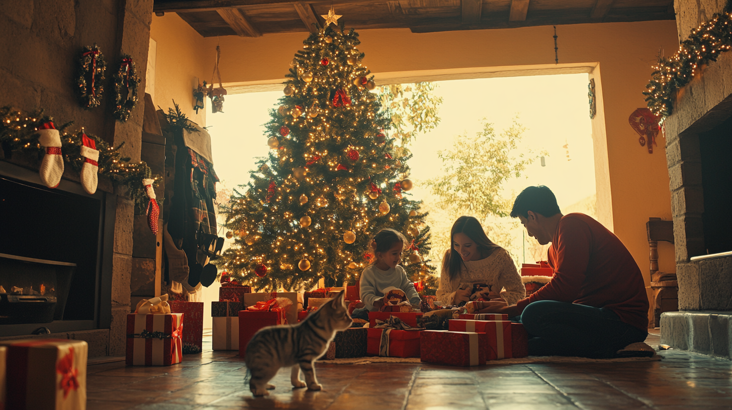 Mexican Family Celebrates Christmas with Pets: Full Scene