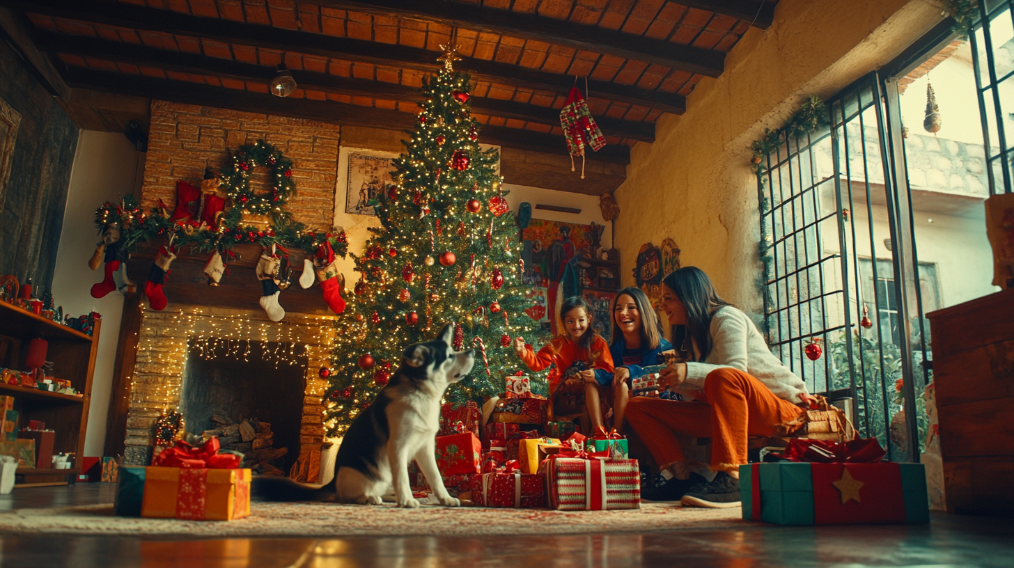 Mexican Family Christmas Celebration with Gifts and Pets