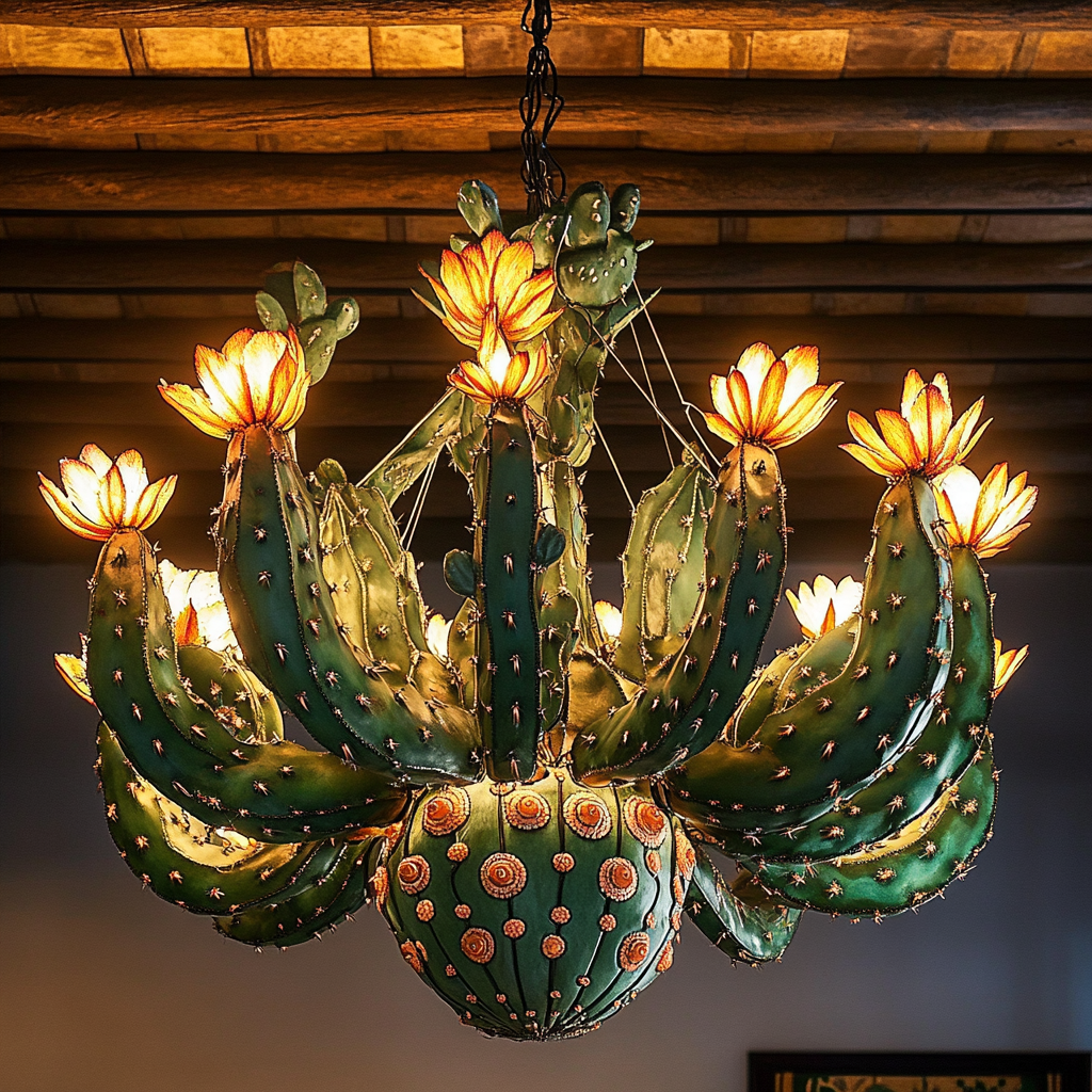 Mexican Nopal chandelier with abstract cactus flowers design.