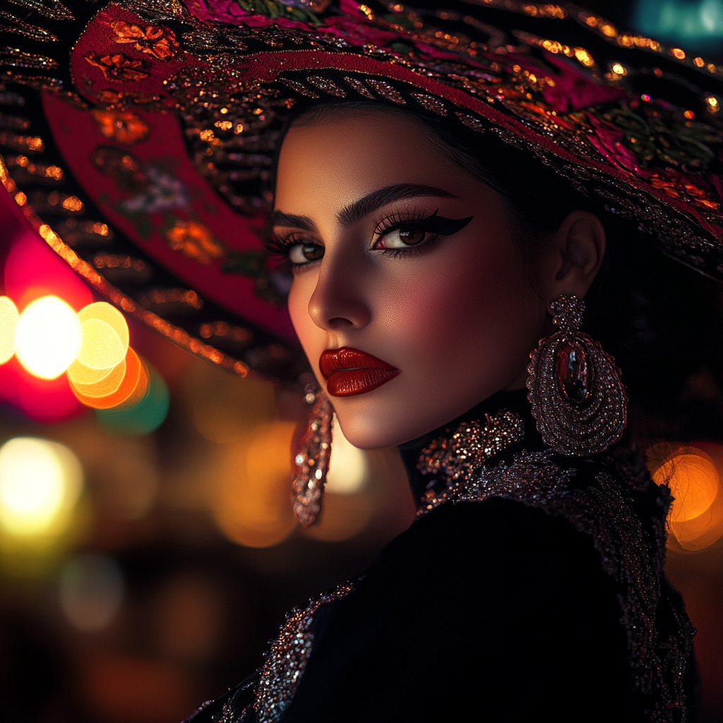 Mexican Woman Mariachi Celebrating Independence in Night Lighting