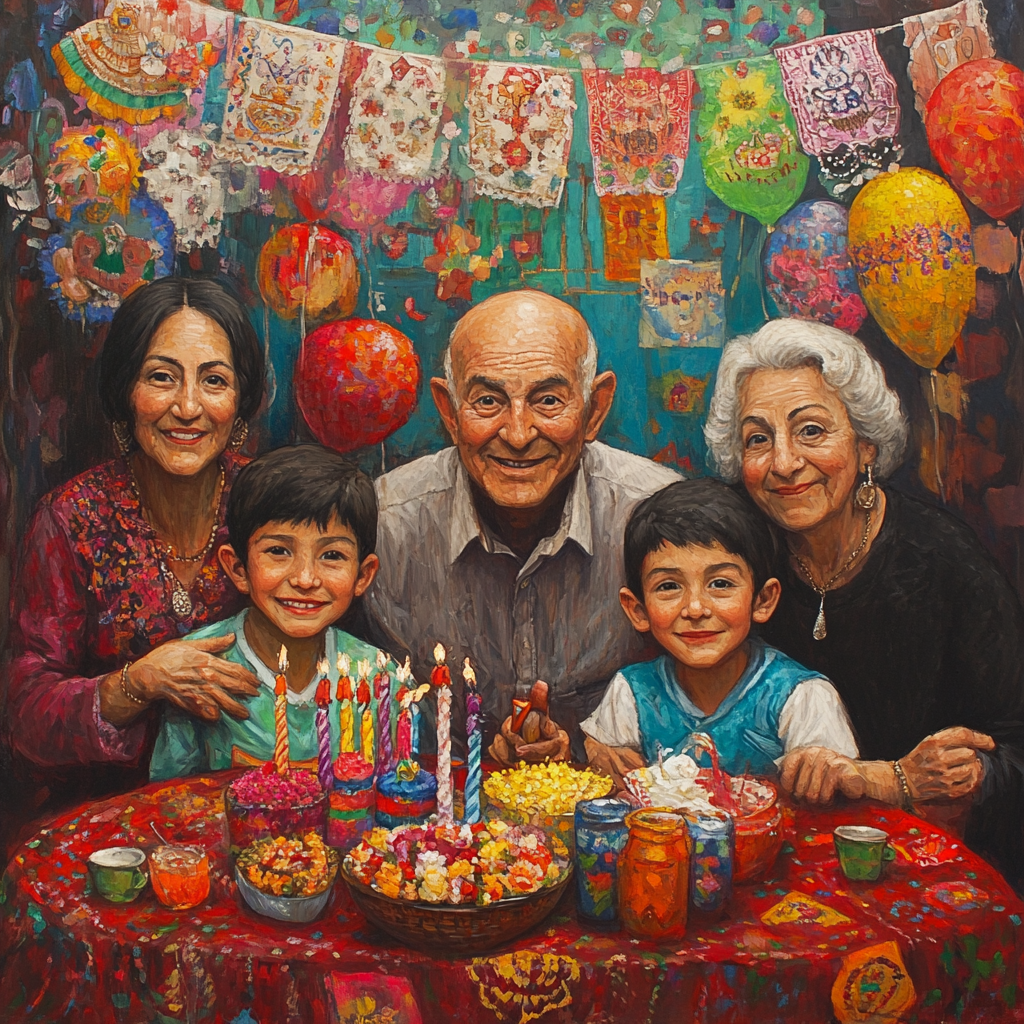 Mexican family celebrating birthday with festive decorations.