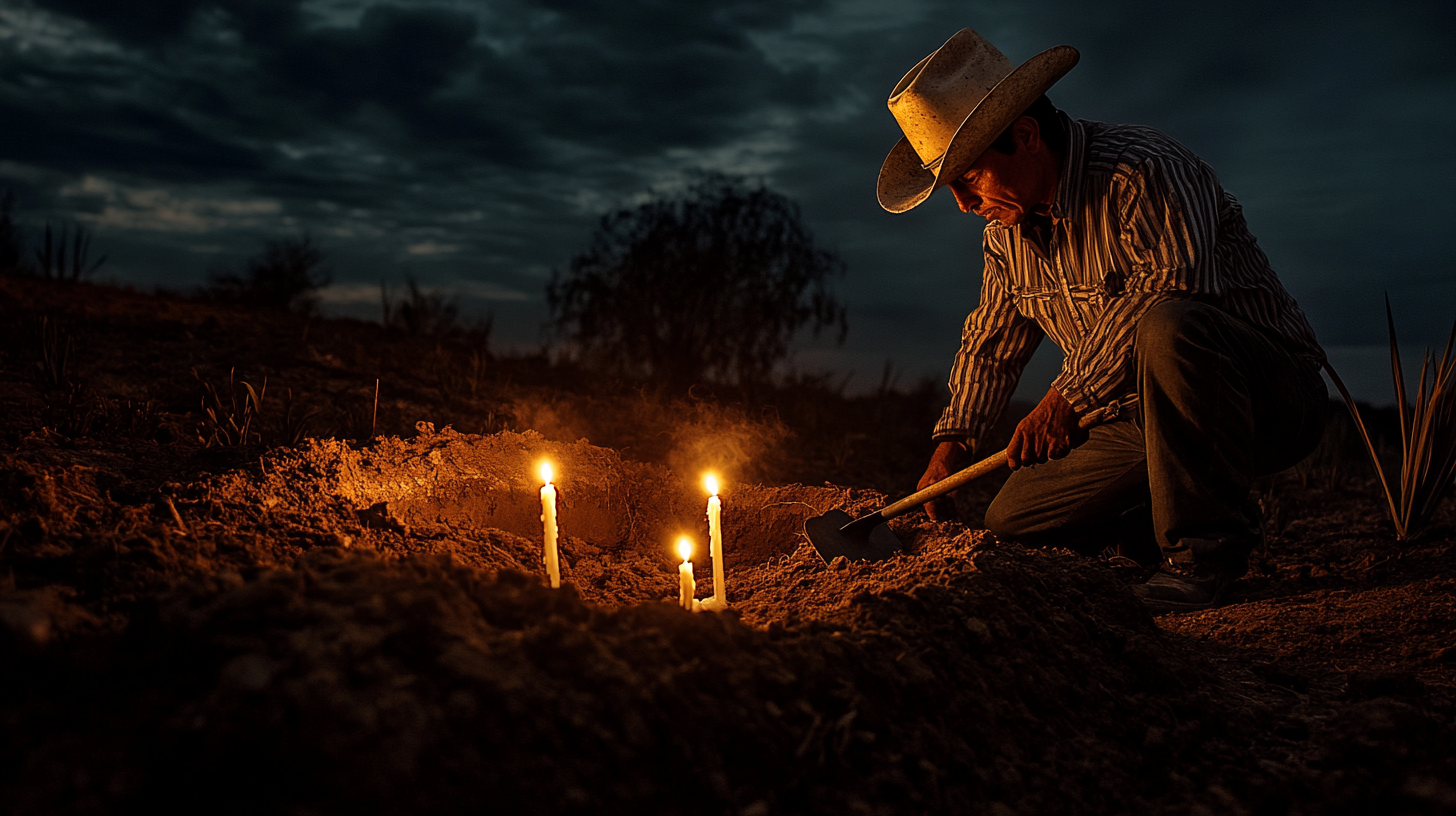 Mexican gravedigger gazes at open grave, candles glow.