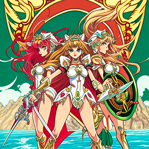 Mexican heroines in CLAMP style armor on cliff.