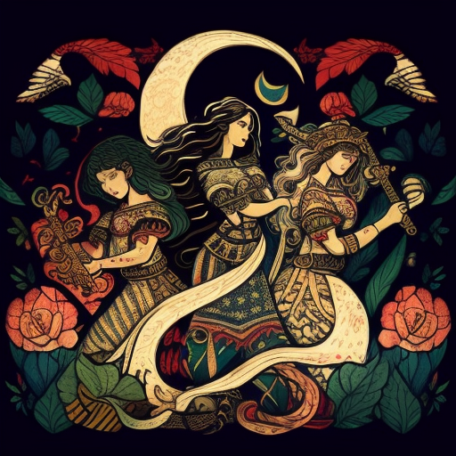 Mexican heroines in magical armor fighting serpent at night.