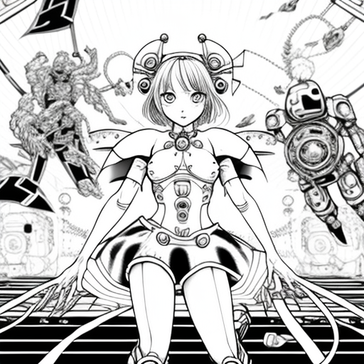 Mexican magical girl with robots on assembly line coloring.