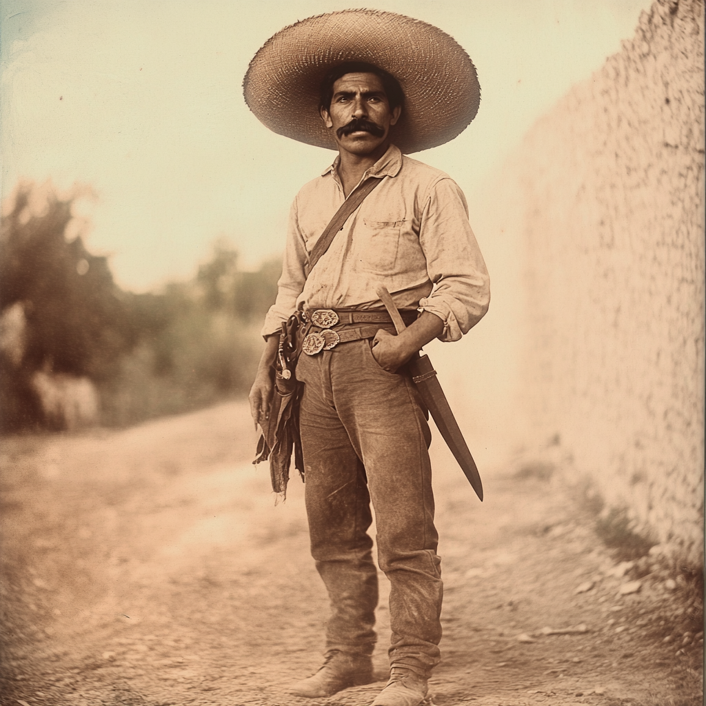 Mexican man in traditional outfit holding machete, rustic setting.