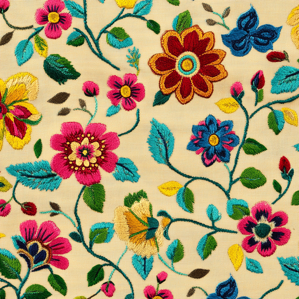 Mexican-style flowers on pale yellow cotton fabric embroidery.