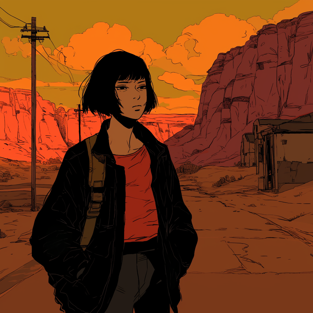 Mexican woman in bob haircut walks to desert, colorful.