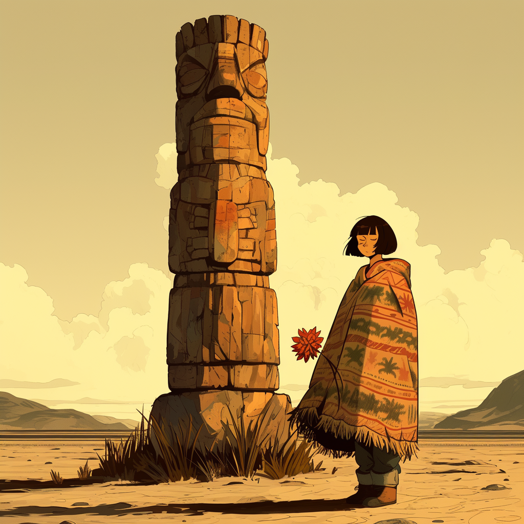 Mexican woman in poncho by tiki statue in desert.