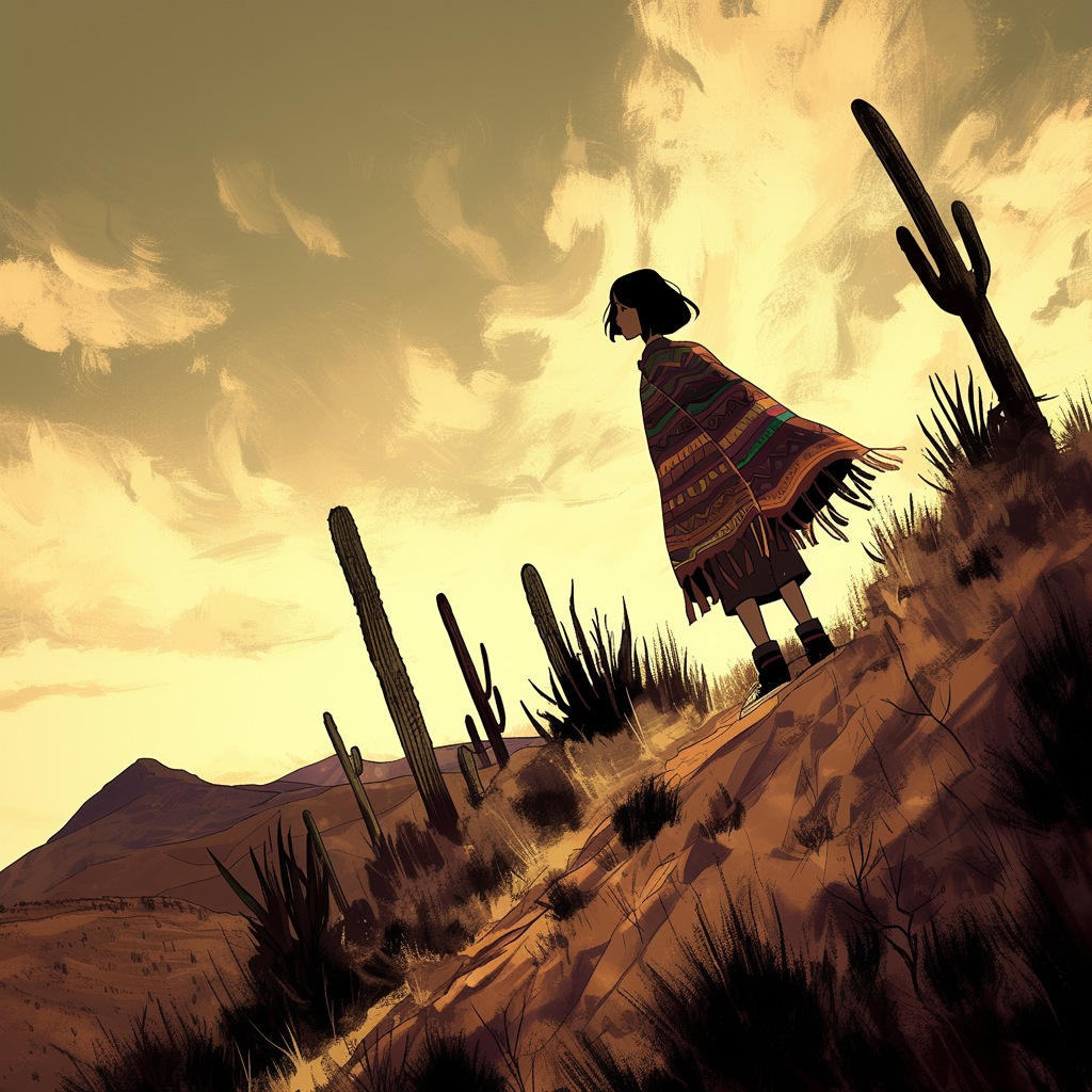 Mexican woman in poncho hiking in desert.