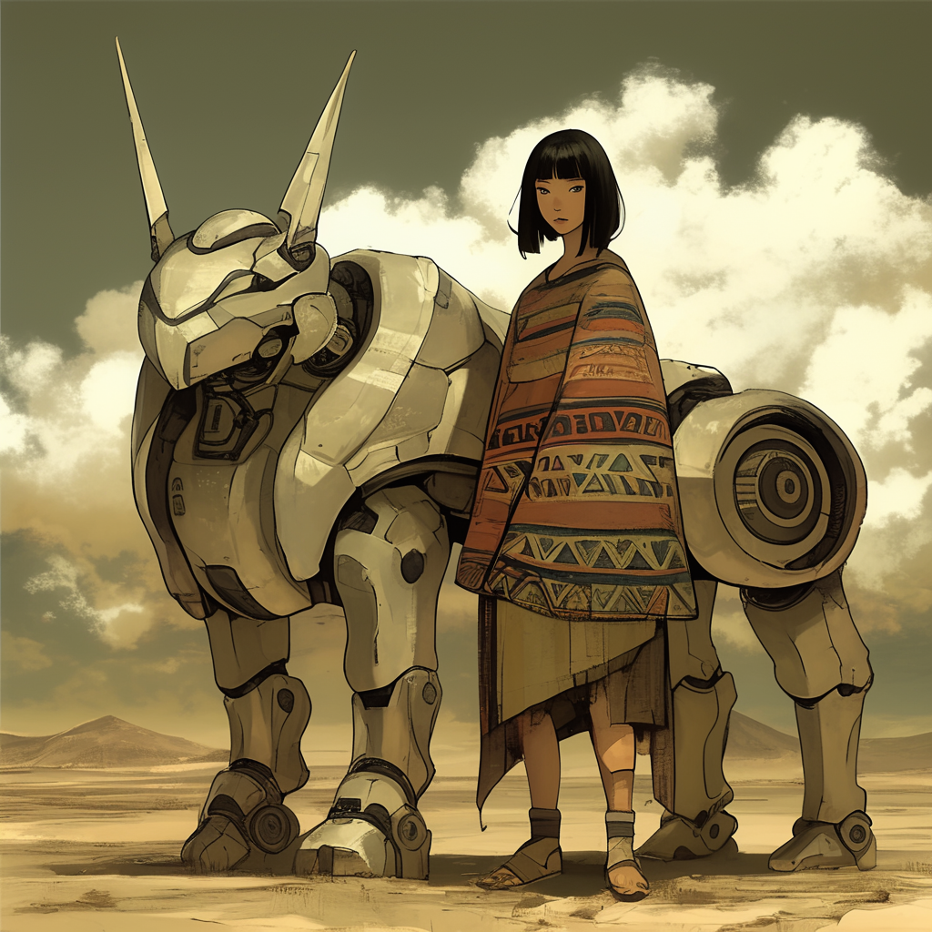 Mexican woman in poncho with robot in desert.