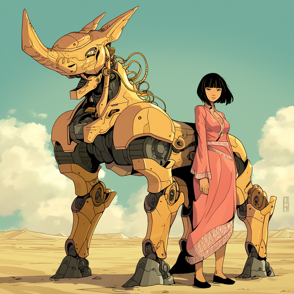 Mexican woman with bob haircut and rhinoceros robot.