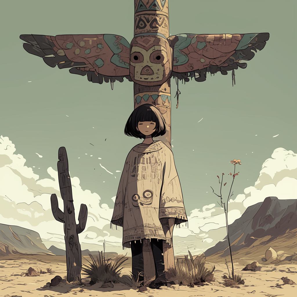 Mexican woman with bob haircut in front of totem pole