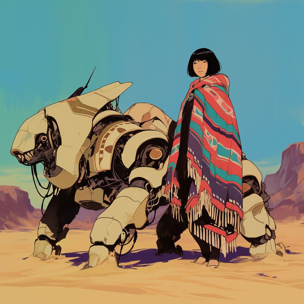 Mexican woman with bob next to rhinoceros robot.