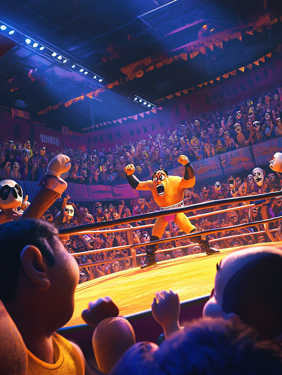 Mexican wrestling arena with masked audience in Despicable Me style.