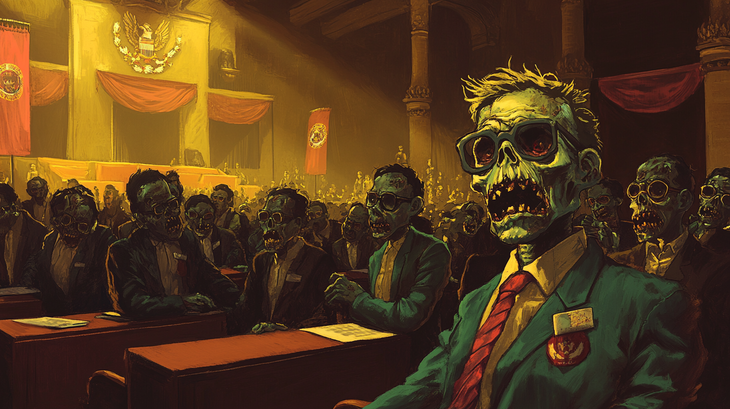 Mexican zombie politicians in academic robes voting together.