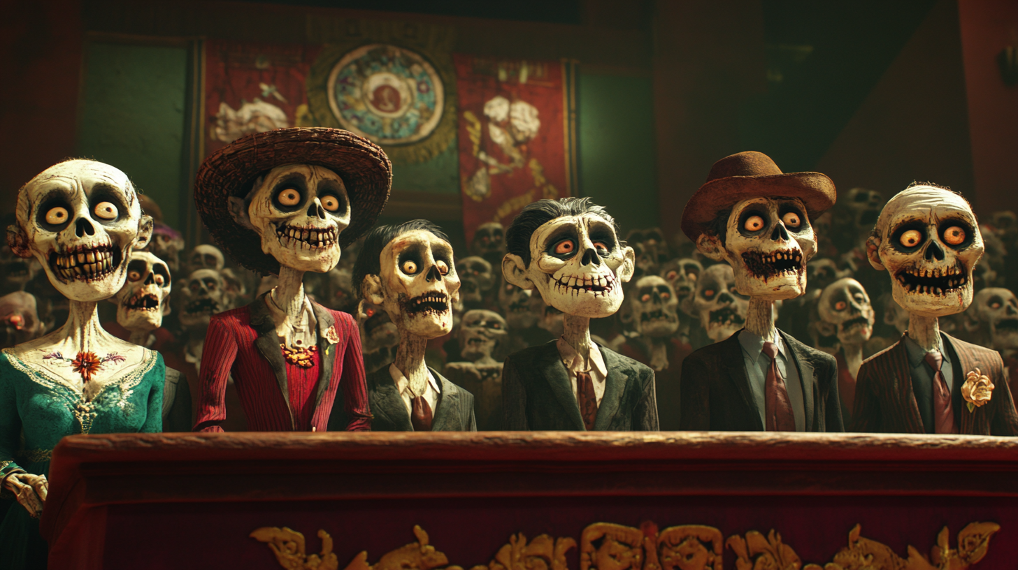 Mexican zombie politicians in vibrant clothing voting unanimously