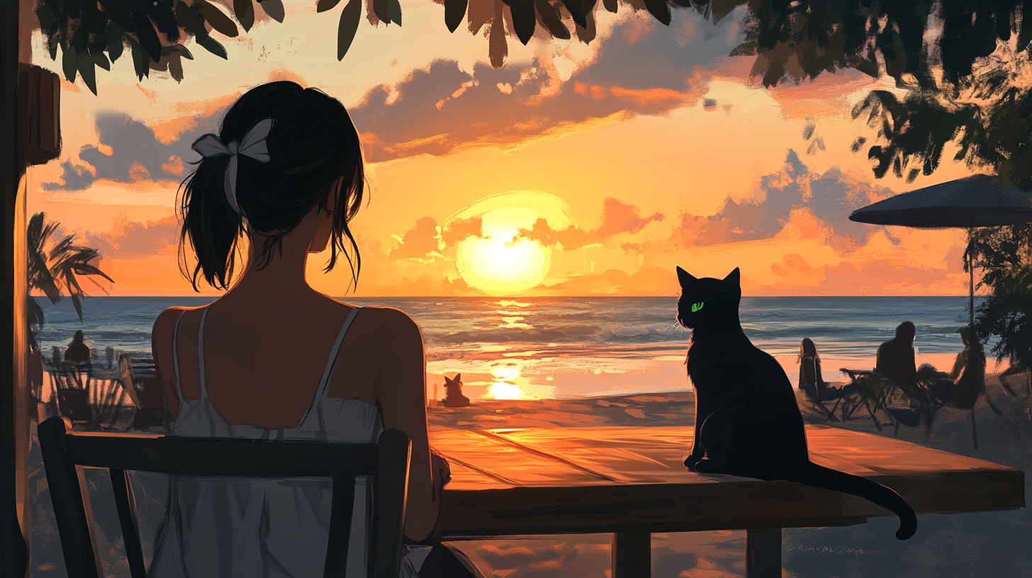 Mia and Alto at beachside café during peaceful sunset.