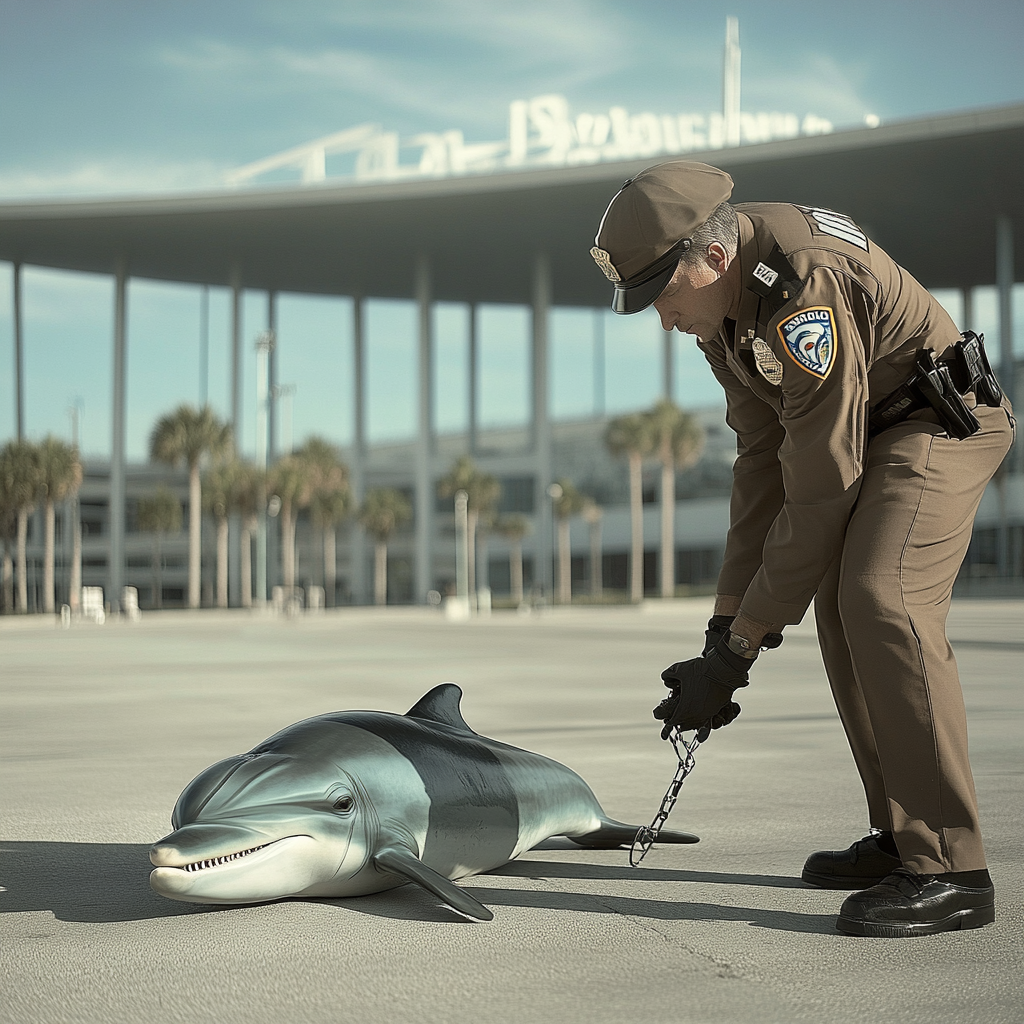 Miami Dolphin dolphin jersey face down handcuffed at stadium.