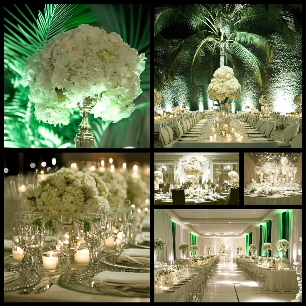 Miami Palm Royale Party Mood Board: Elegant, Green, Old Money, Designer Look, Celebrity Status.