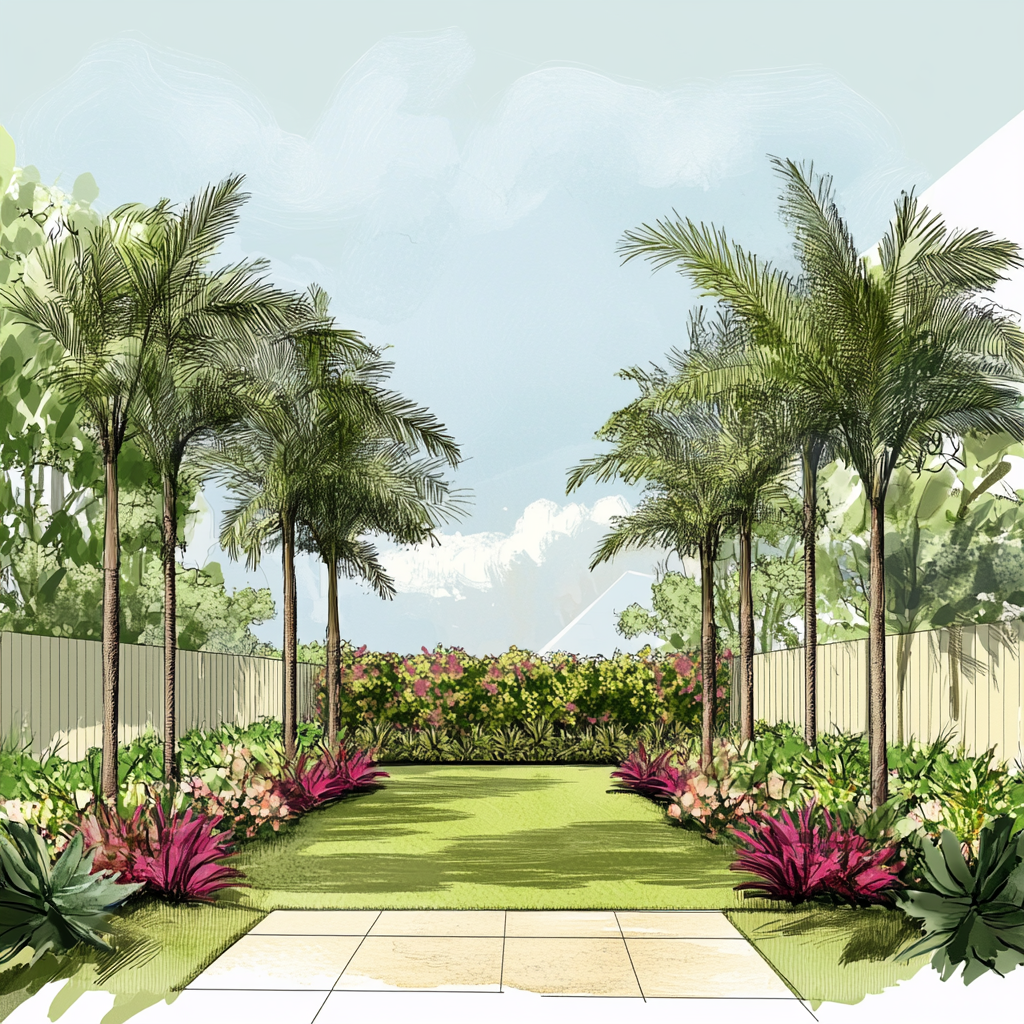 Miami backyard landscape design with native plants & palm trees