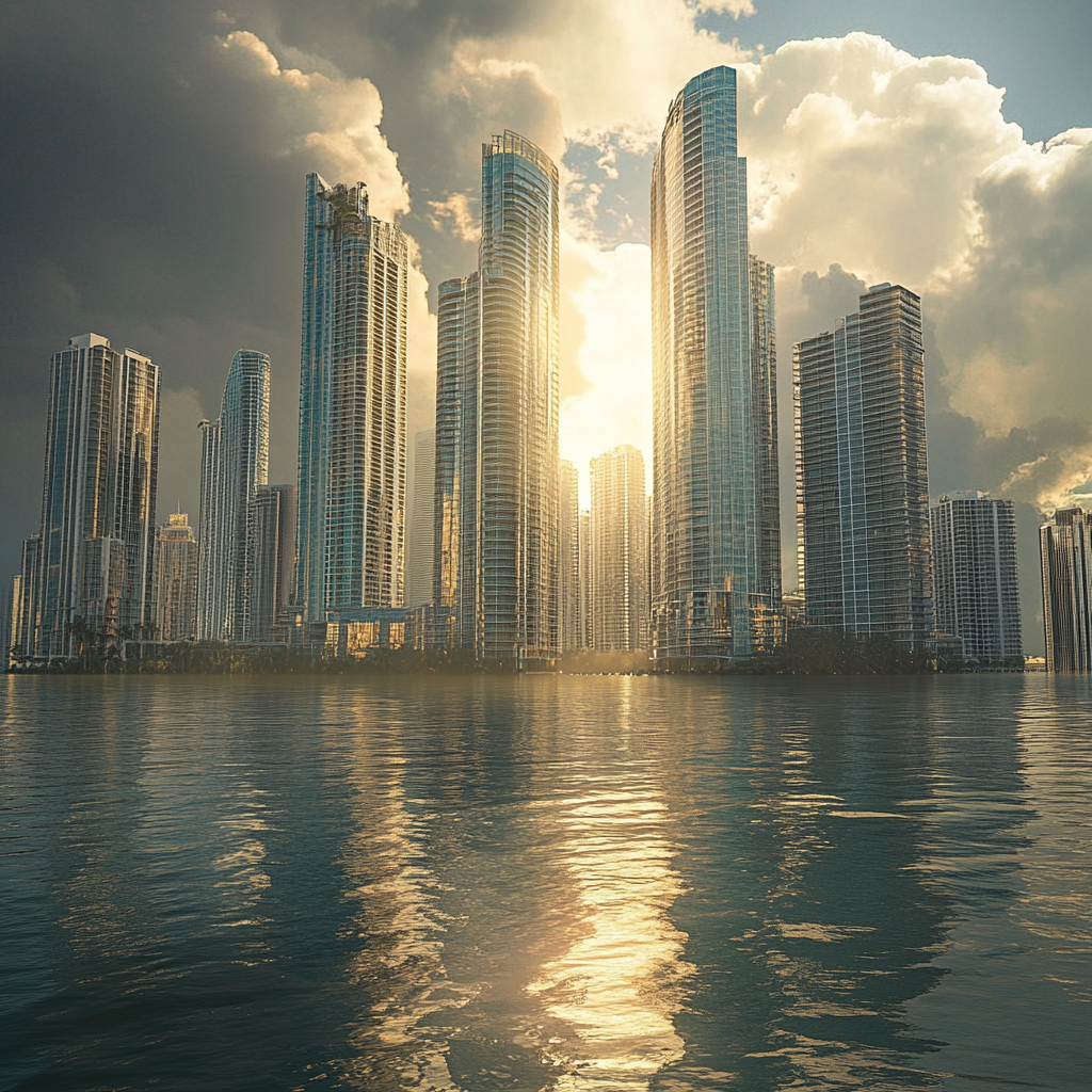 Miami skyline in future dystopia, 20 tall buildings remain.