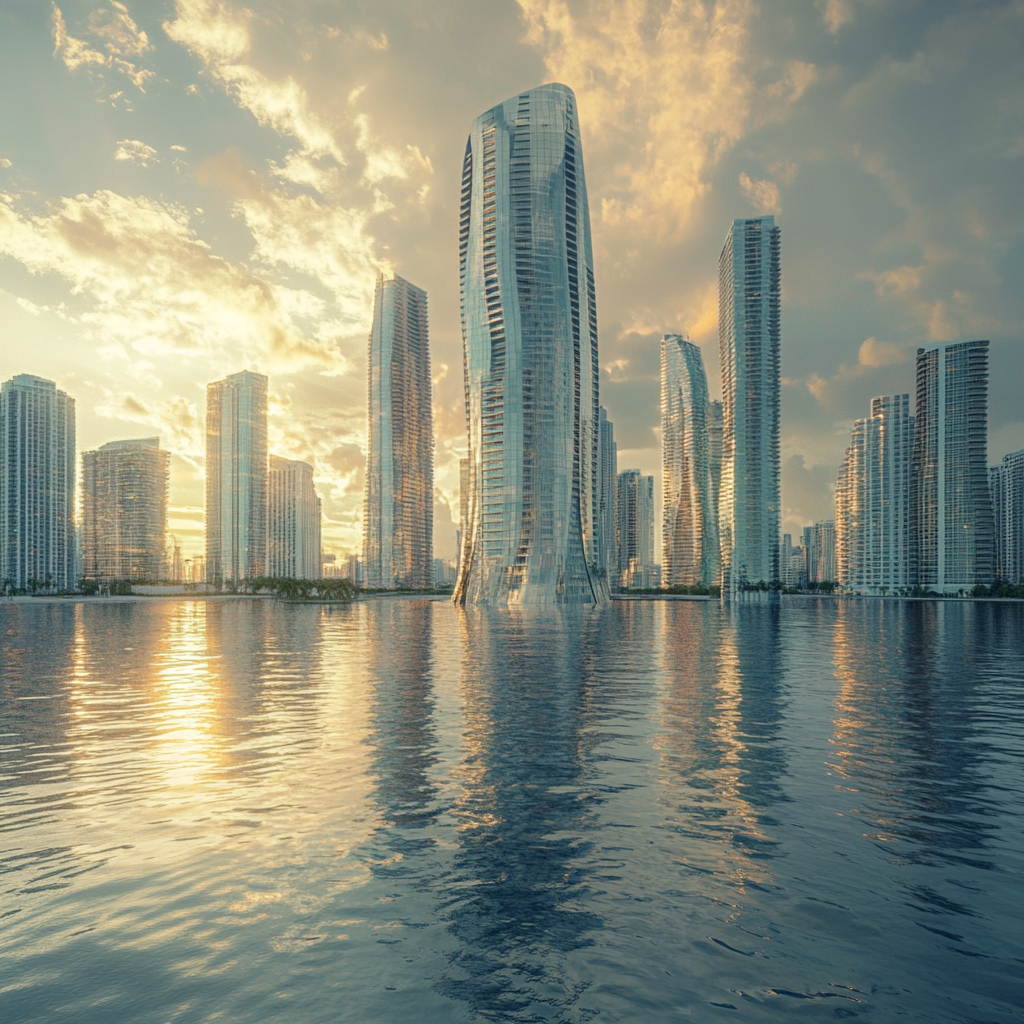 Miami skyline with tallest buildings, ocean water, sky bridges.