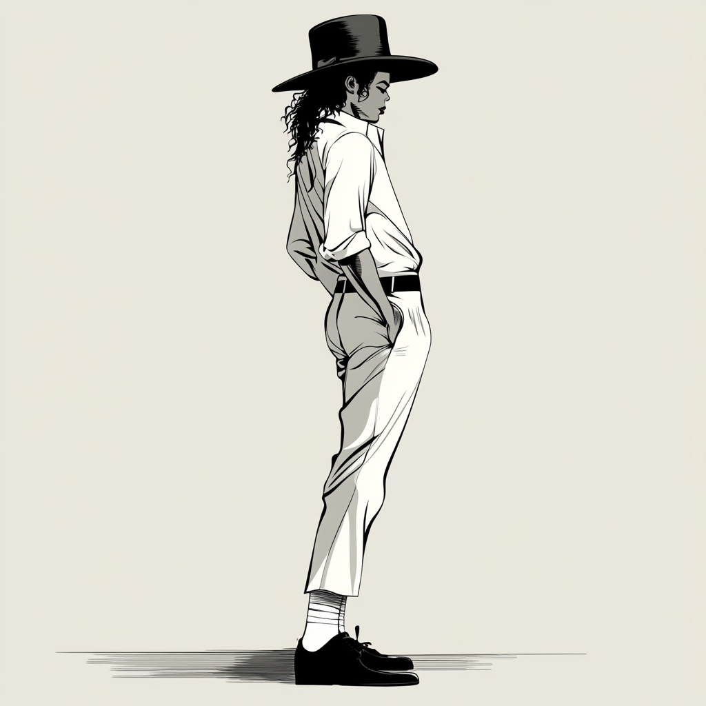 Michael Jackson dances with wide-brimmed hat and sharp style.