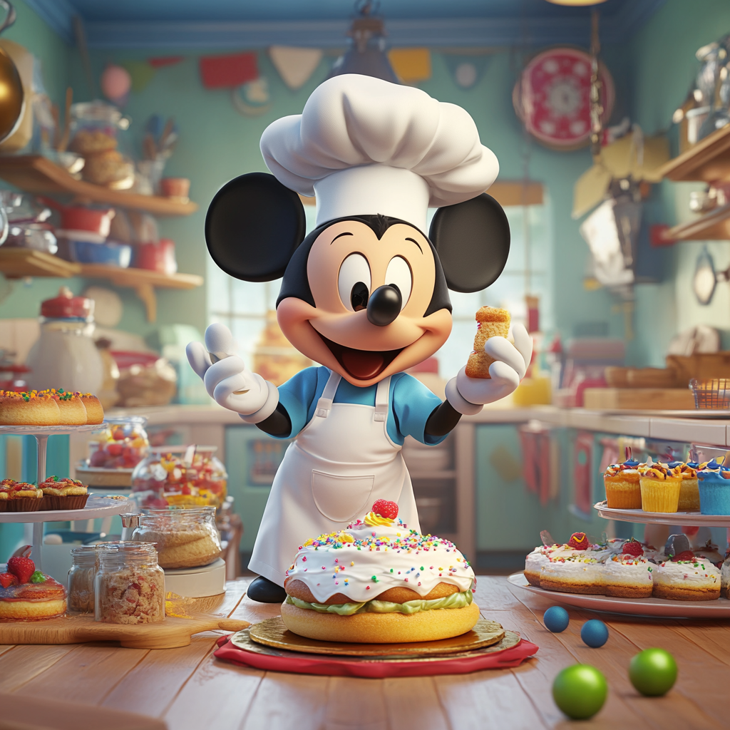 Mickey Mouse is baking in cheerful bakery.