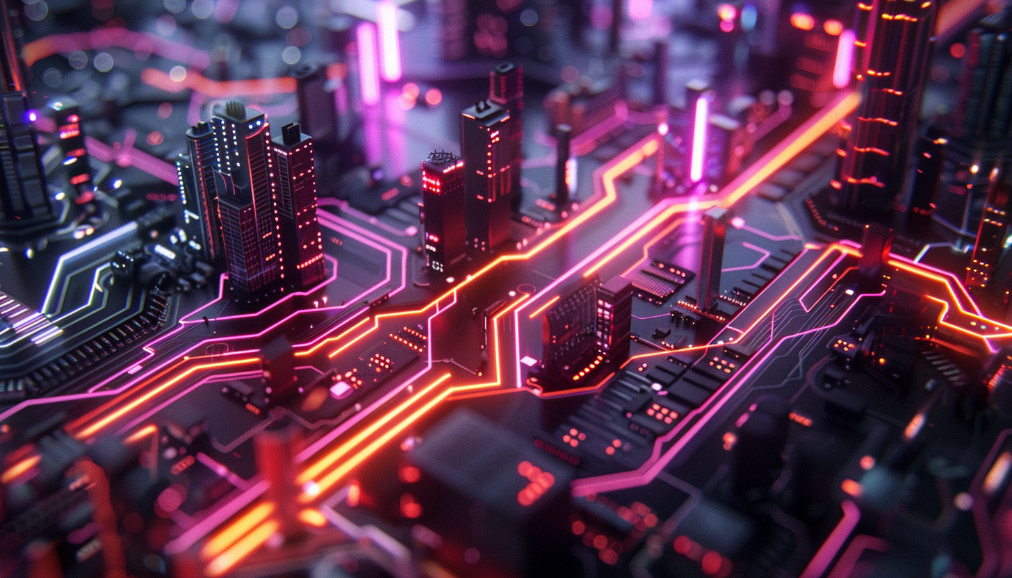 Micro computer data visualization on microchip, vibrant cityscape.