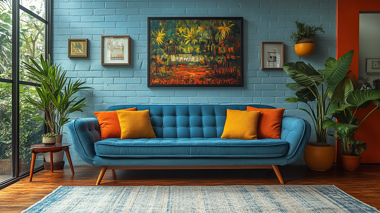 Mid-century blue tone living room with detailed architecture.