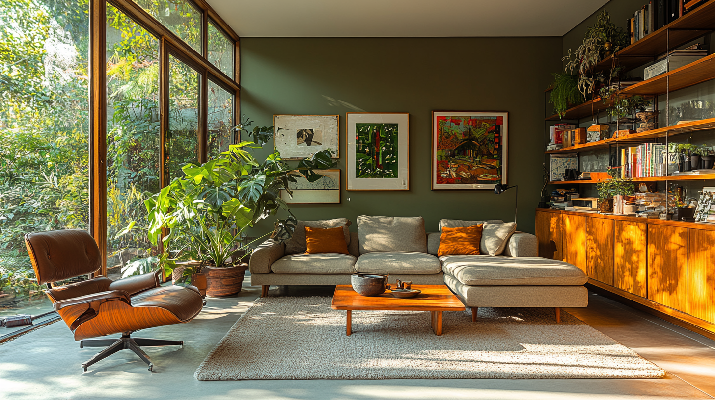 Mid-century green living room architectural photography in 16:9.