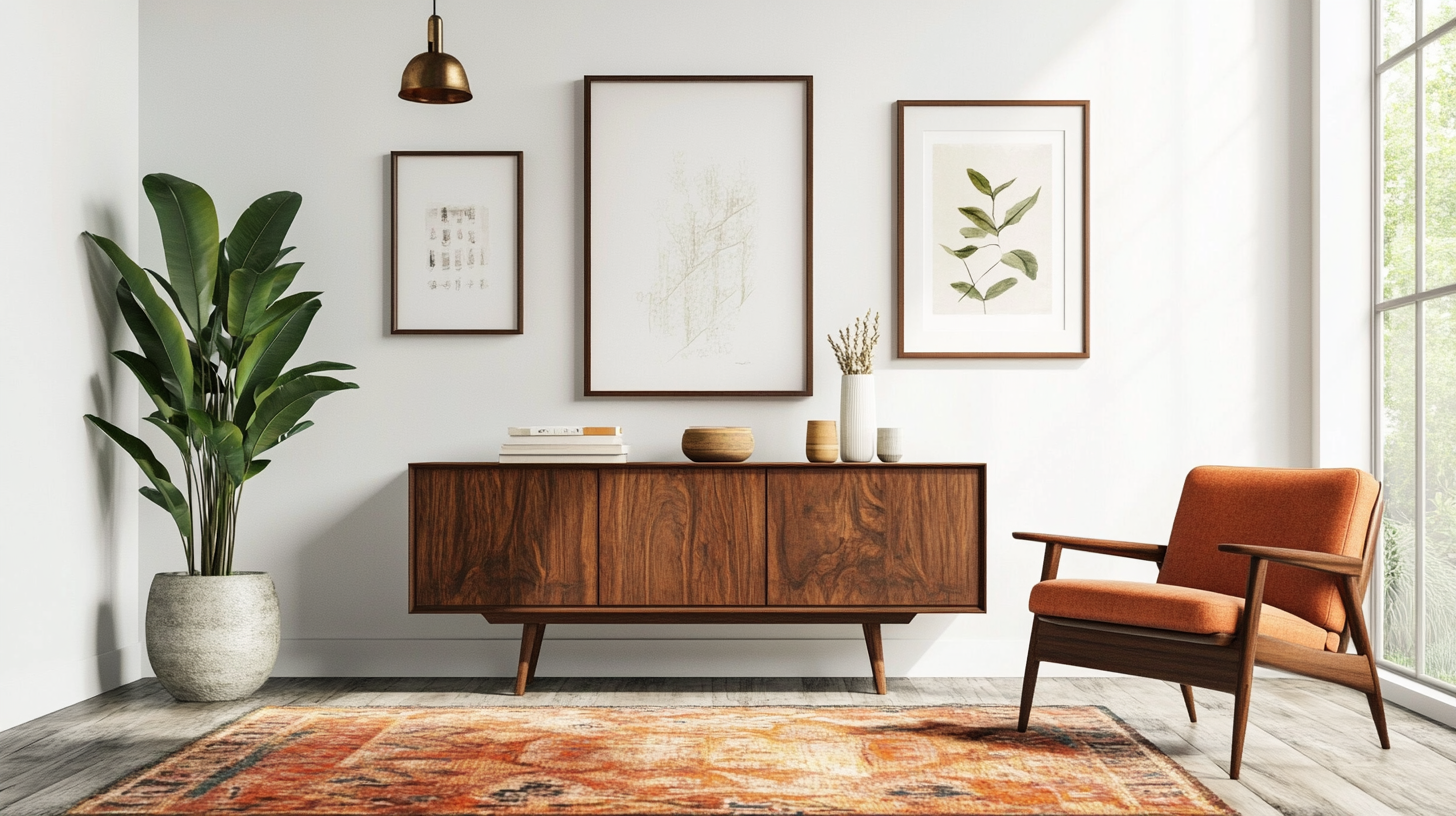 Mid-century modern interior with framed art, wood furniture, plant.