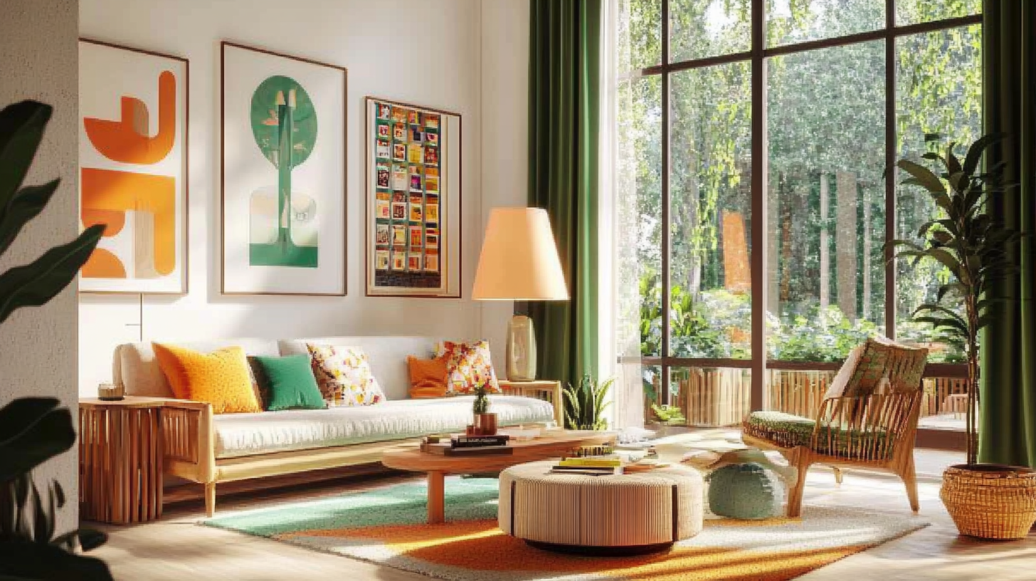 Mid-century modern living room with vibrant colors and plants.