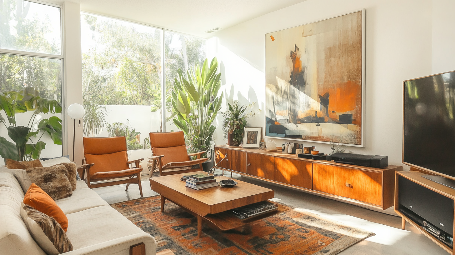 Mid-century modern living room with wood cabinets, orange accents