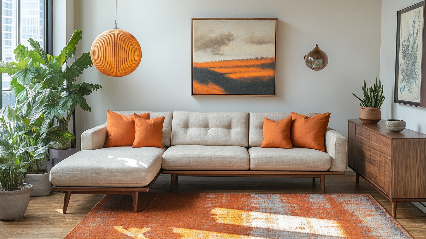 Mid-century modern living room: sleek furniture, natural wood.