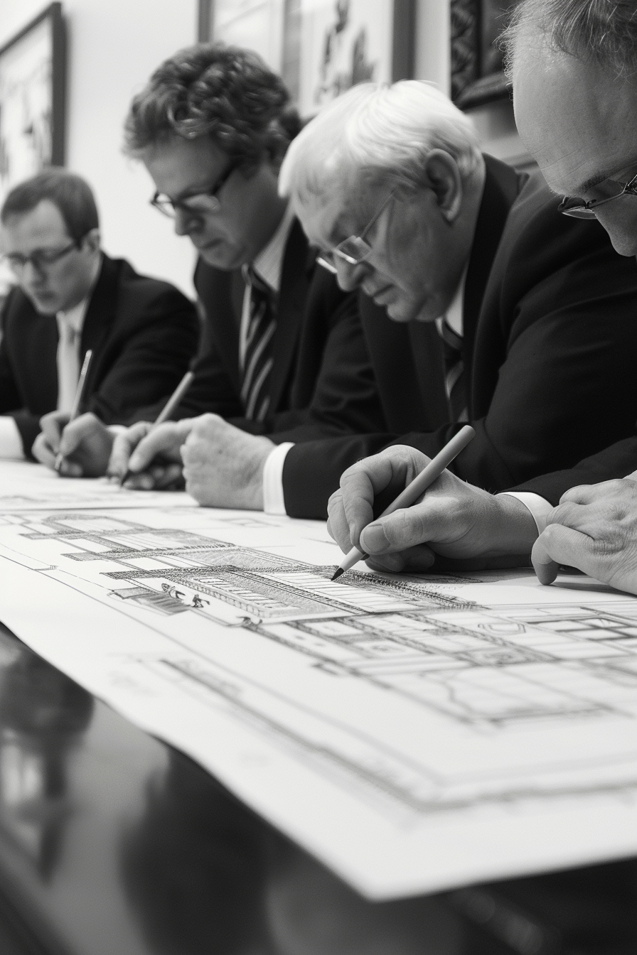 Middle-Aged Group Drawing a Bank Building Together