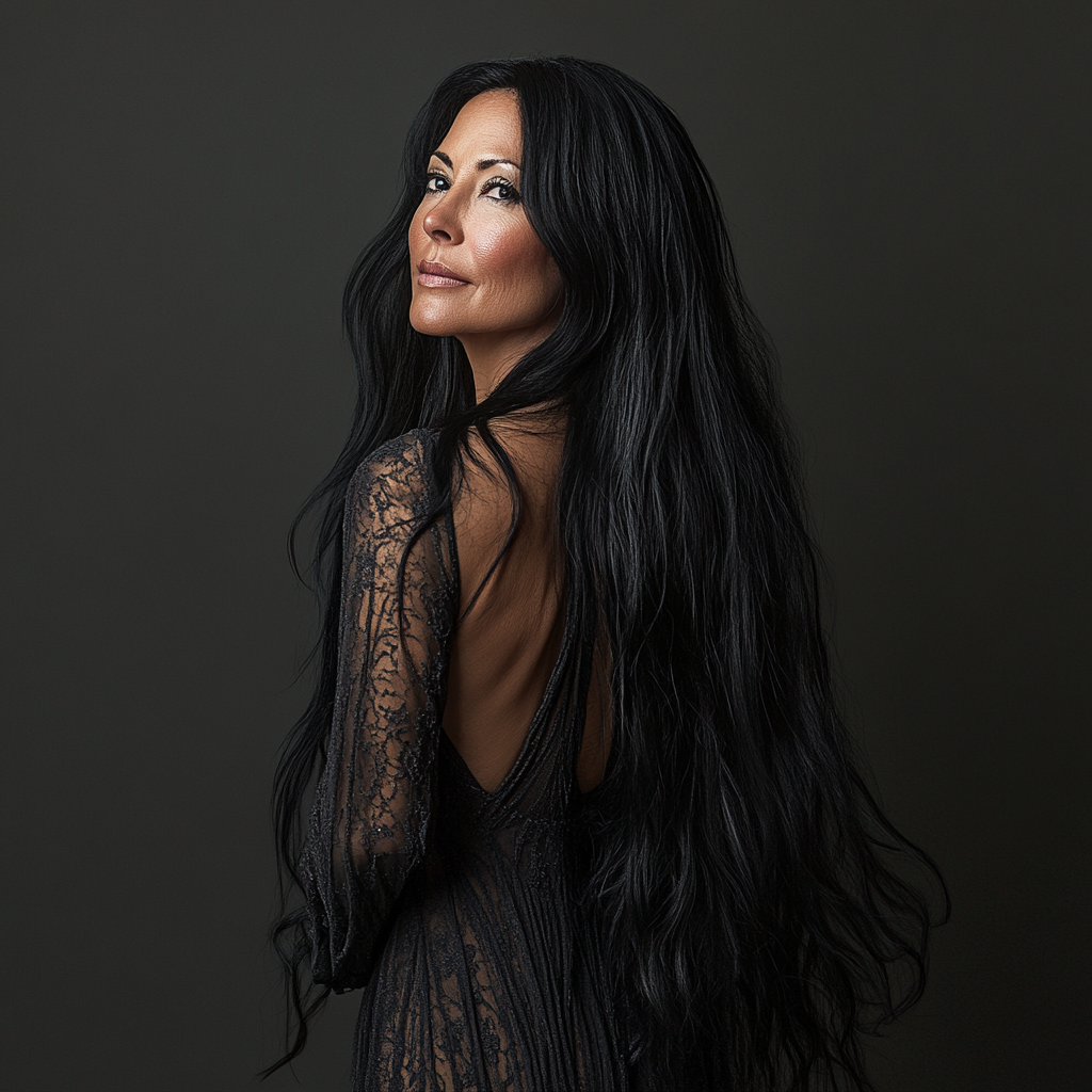 Middle Aged Woman with Black Hair, Front View - Realistic Fashion Photography for Magazine