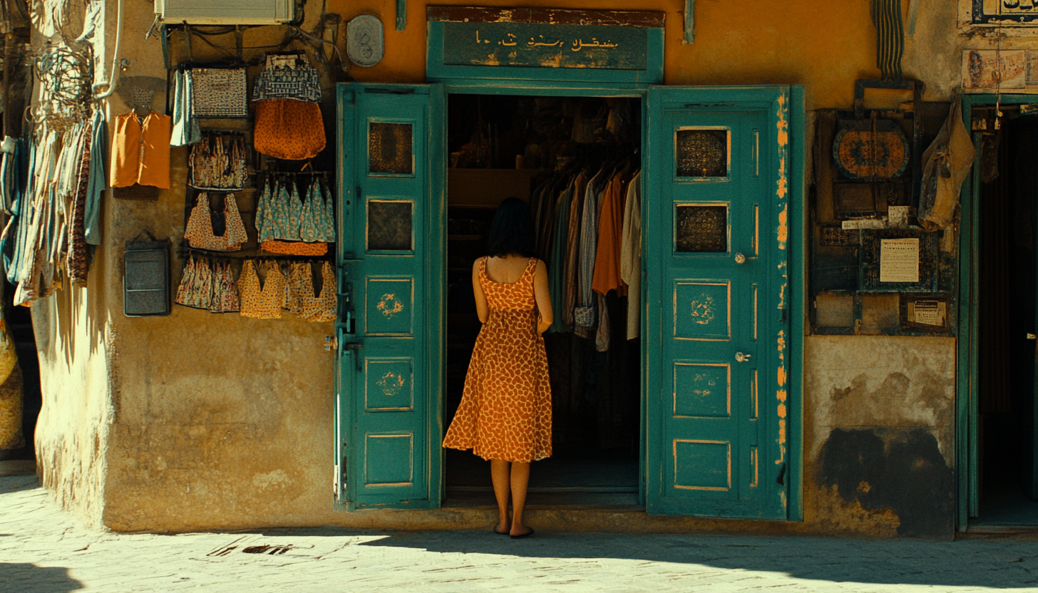 Middle Eastern clothing shop, woman smoking in sundress