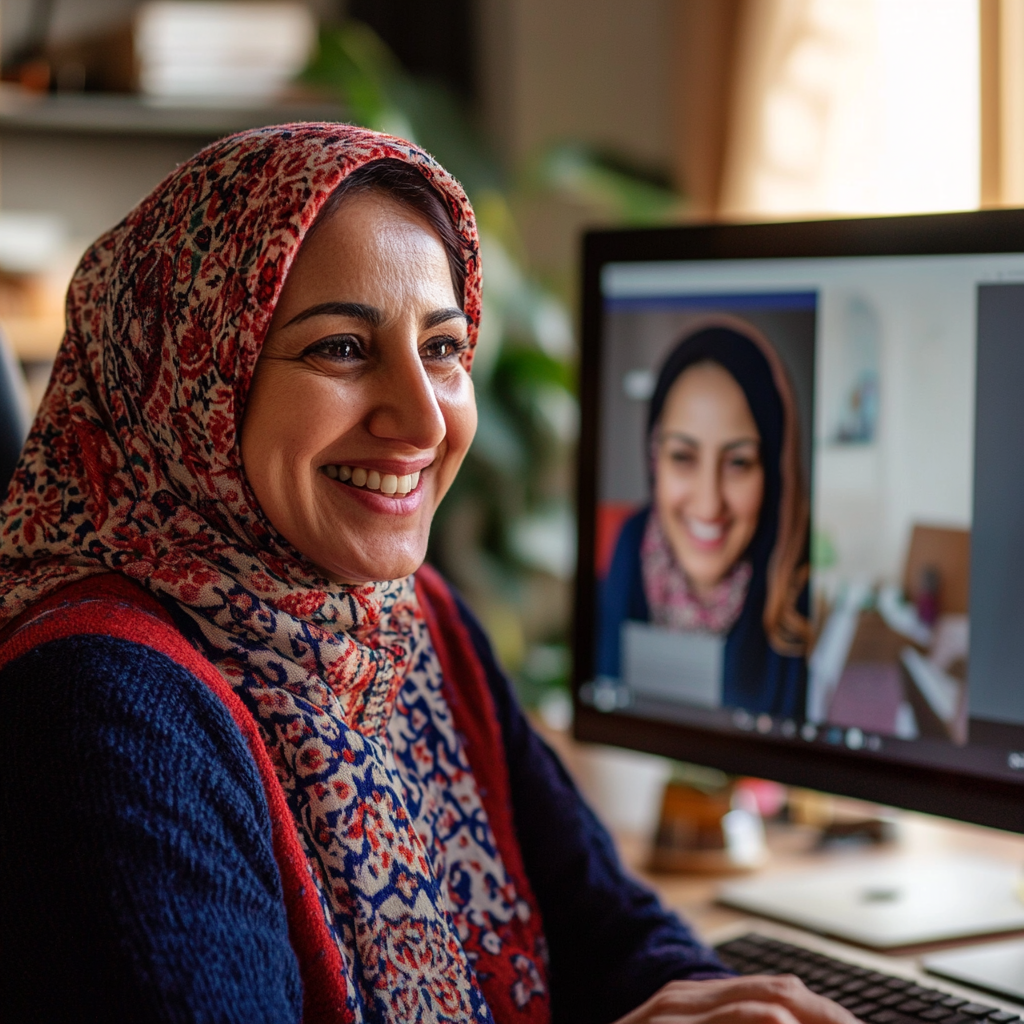 Middle Eastern woman smiling during virtual community meeting.